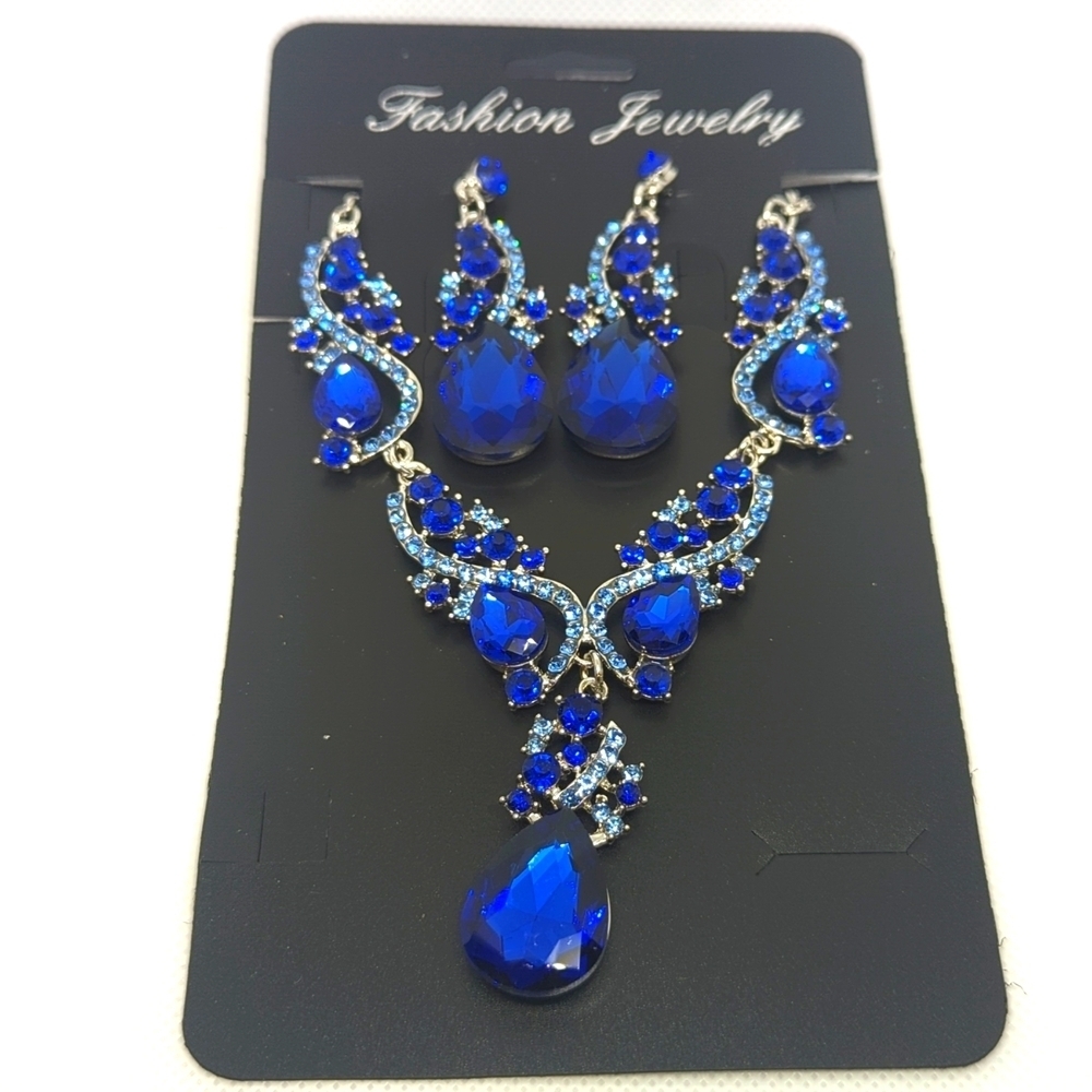 Blue and Silver Rhinestone Necklace and Earrings Set